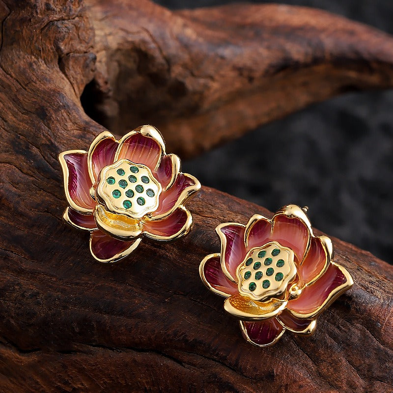 Kemstone Lotus Flower Stud Earrings for Women Enamel Floral Copper TD10865