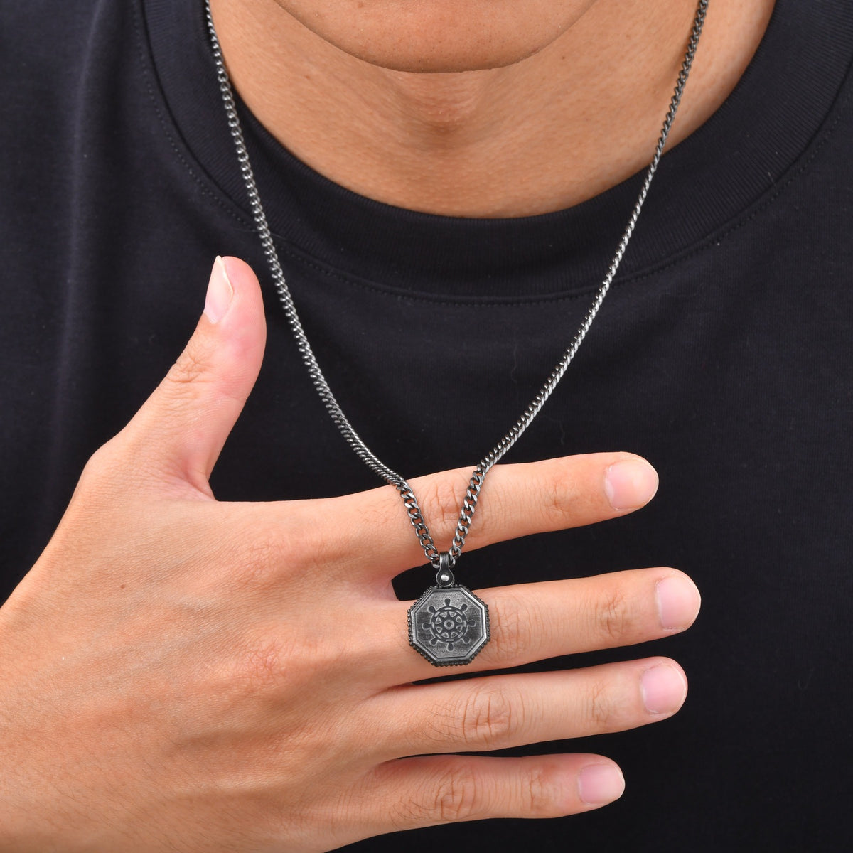 Kemston Octagon Ship Wheel Pendant Necklace for Men Stainless Steel Vintage Silver PN-2398