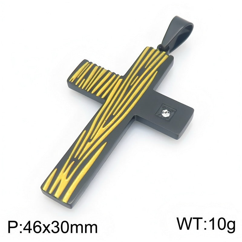 Kemstone Wood Grain Cross Pendant Necklace for Men Stainless Steel Cubic Zirconia Accent KP119491-HR