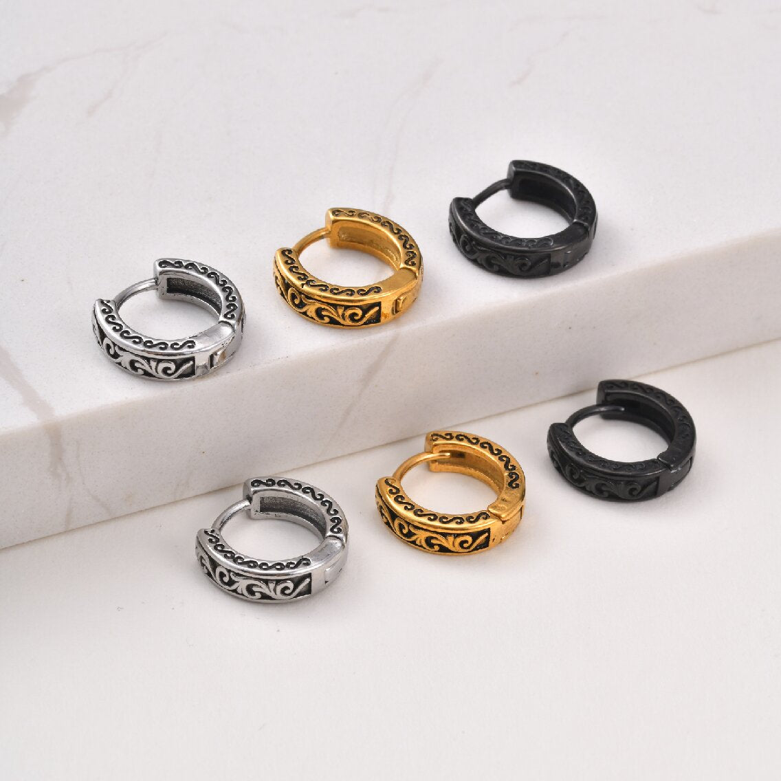 Kemstone Stainless Steel Engraved Hoop Earring for Men Women Vintage EH-839