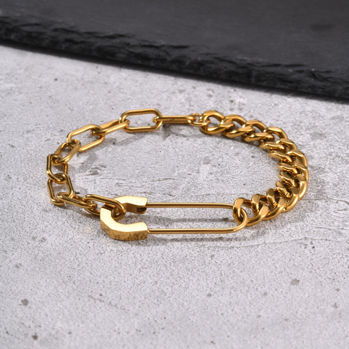 Kemstone Safety Pin Chain Bracelet for Men Stainless Steel Punk Streetwear BR-1068