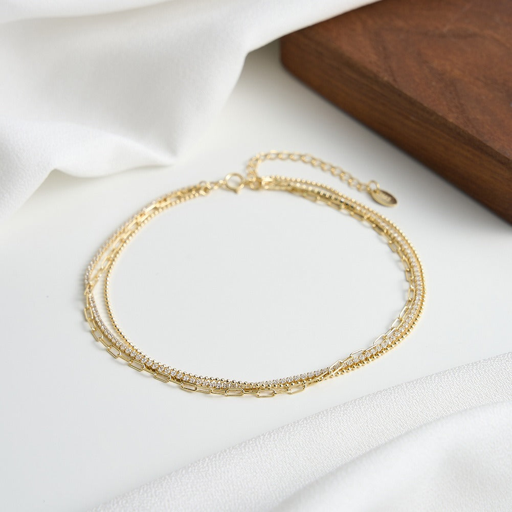 Kemstone 925 Sterling Silver Layered Tennis Anklet for Women Multi Chain Gold Silver SA104