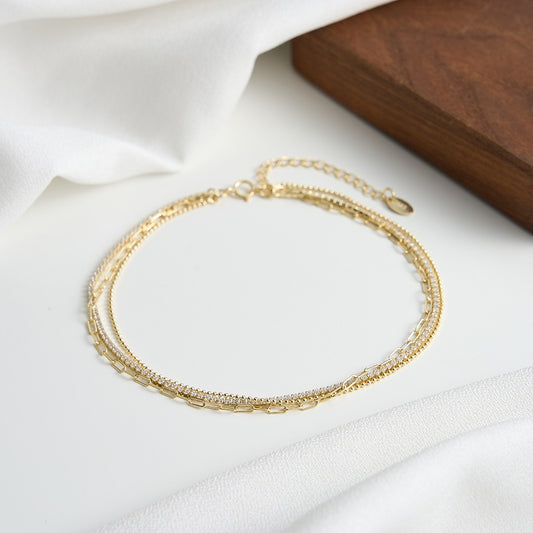 Kemstone 925 Sterling Silver Layered Tennis Anklet for Women Multi Chain Gold Silver SA104