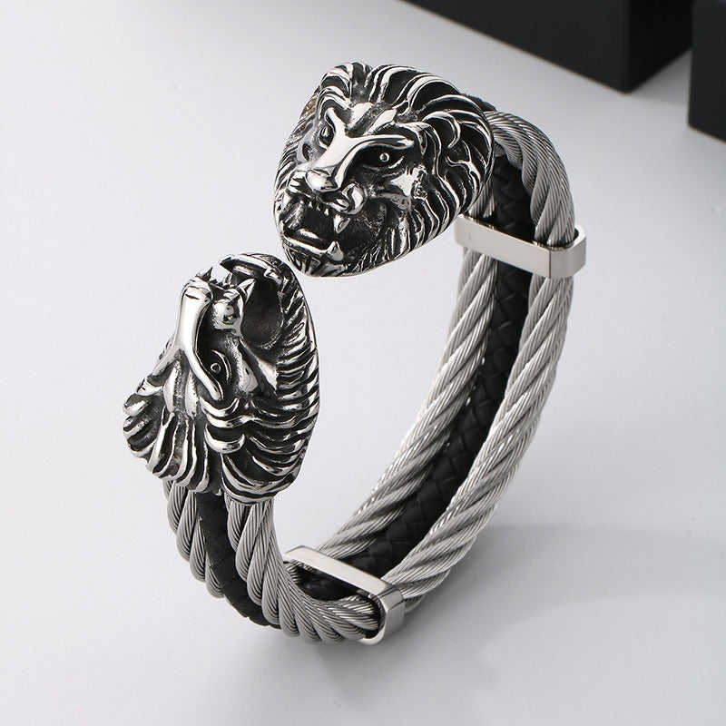 Kemstone Titanium Steel Lion Head Open Cuff Bracelet for Men – Steel Cable KB167192-KFC