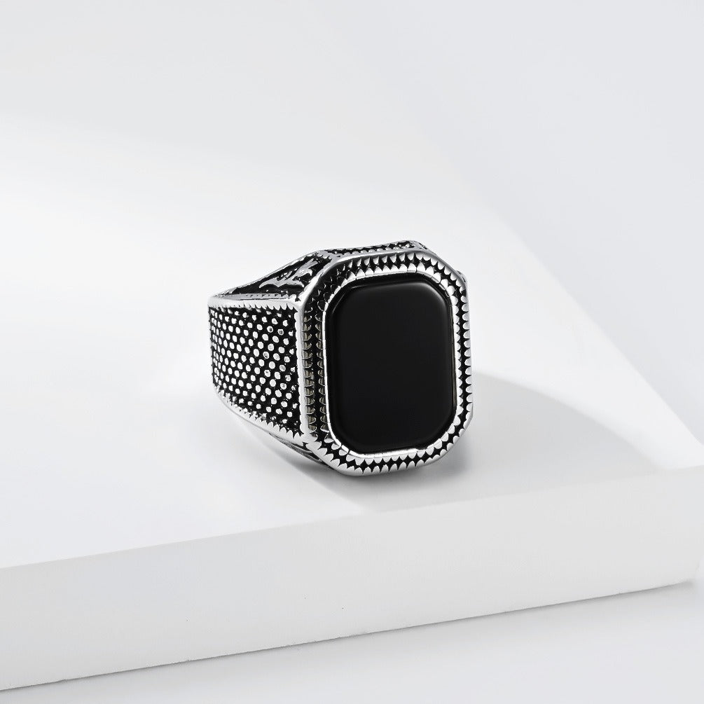 Kemstone Black Stone Signet Ring for Men Stainless Steel Textured Wide Band Vintage K-R1210