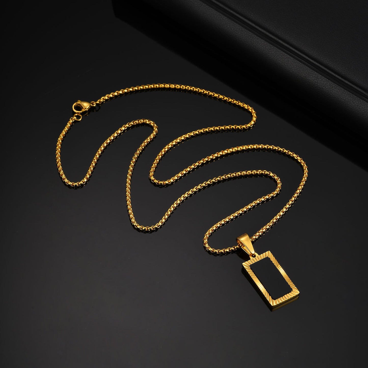 Kemstone Stainless Steel Carved Black Acrylic Rectangular Pendant Necklace for Men – Vintage Frame Design PN-2188