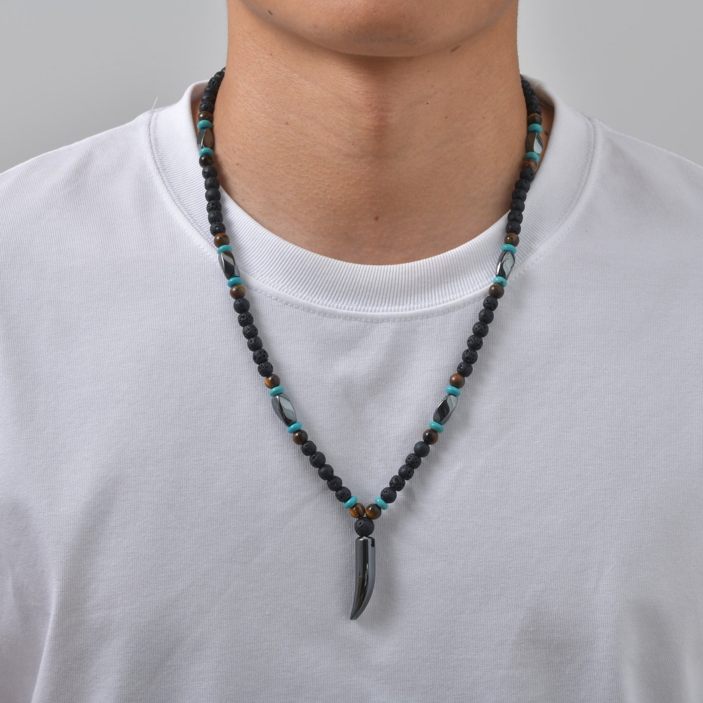 Kemston Wolf Fang Pendant Necklace for Men Stainless Steel Lava Stone Beaded NC-3019
