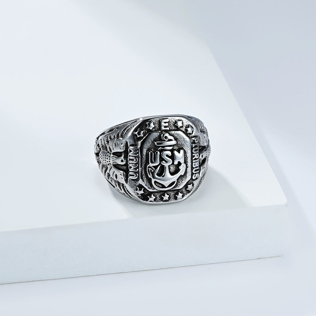 Kemstone Men’s Stainless Steel Anchor Eagle Ring – Vintage Marine Symbol of Strength K-R1088