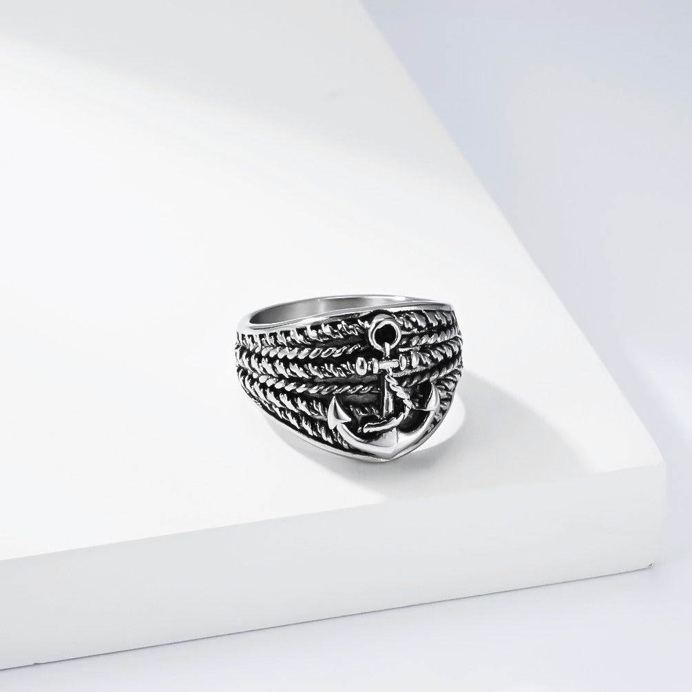 Kemston Stainless Steel Anchor Rope Nautical Ring for Men Vintage Biker K-R1186