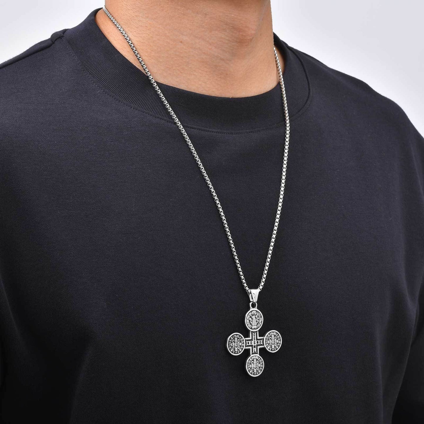 Kemston Engraved Cross Pendant Necklace for Men Stainless Steel Round Vintage PN-2409