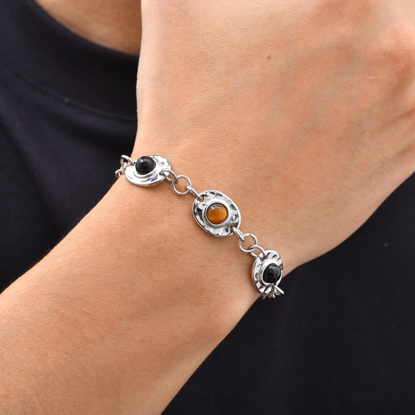 Kemstone Stainless Steel Obsidian Tiger Eye Triple Stone Bracelet for Men BR-3152