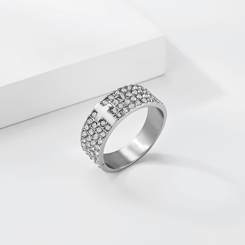 Kemstone Iced Out Cross Ring for Men Stainless Steel Wide Band Hip Hop K-R1217