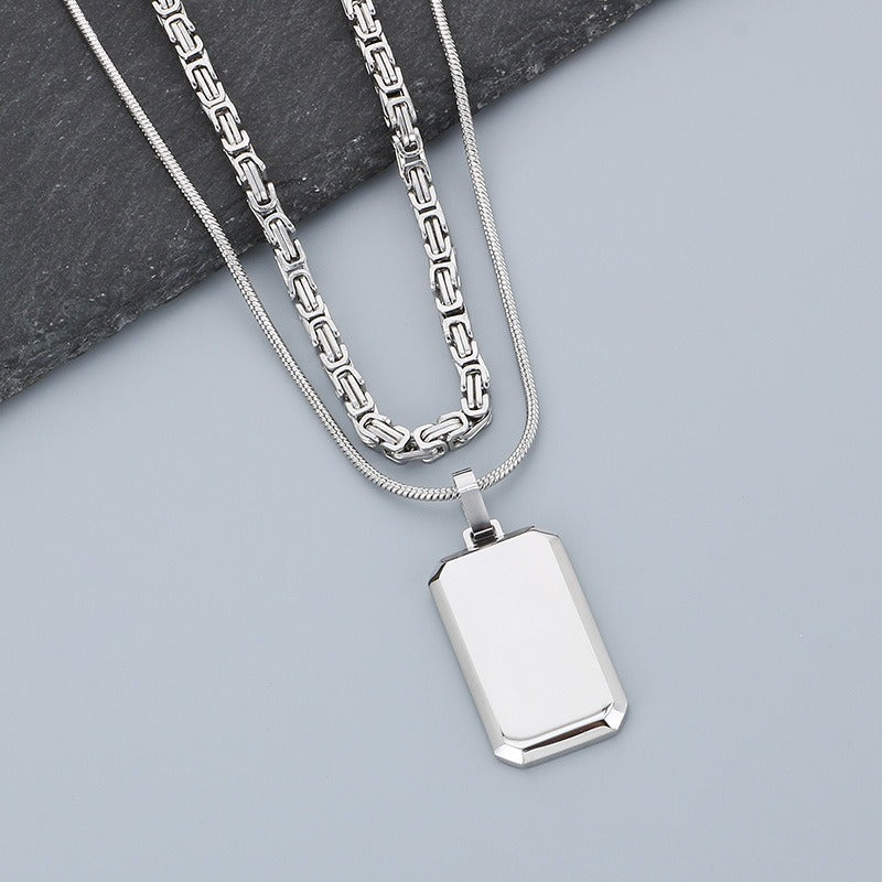 Kemstone Layered Rectangular Pendant Necklace for Men - Titanium Steel Double Chain KN283138-KFC