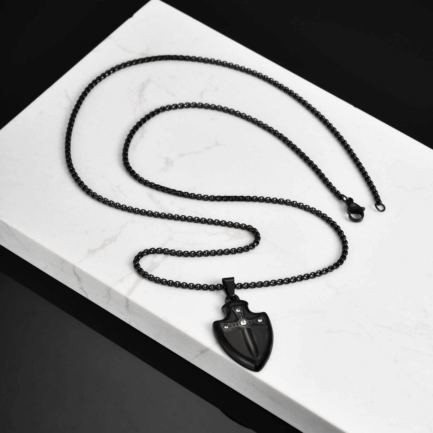 Kemstone Stainless Steel Shield Pendant Necklace for Men Cubic Zirconia Sword Design PN-2177