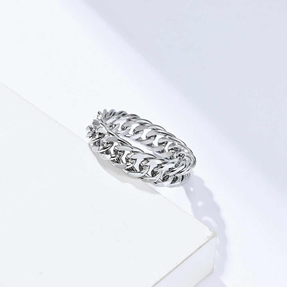 Kemstone Titanium Steel Cuban Chain Link Ring – Double Chain for Men & Women Jewelry K-R700