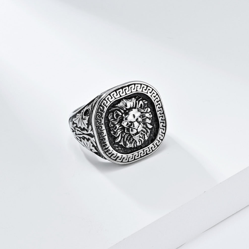 Kemstone Vintage Lion Head Signet Ring – Stainless Steel Greek Key for Men KR867