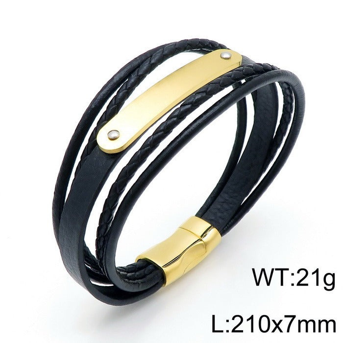 Kemstone Men’s Leather Bracelet – Titanium Steel Multi-Layer Braided Wristband B140193