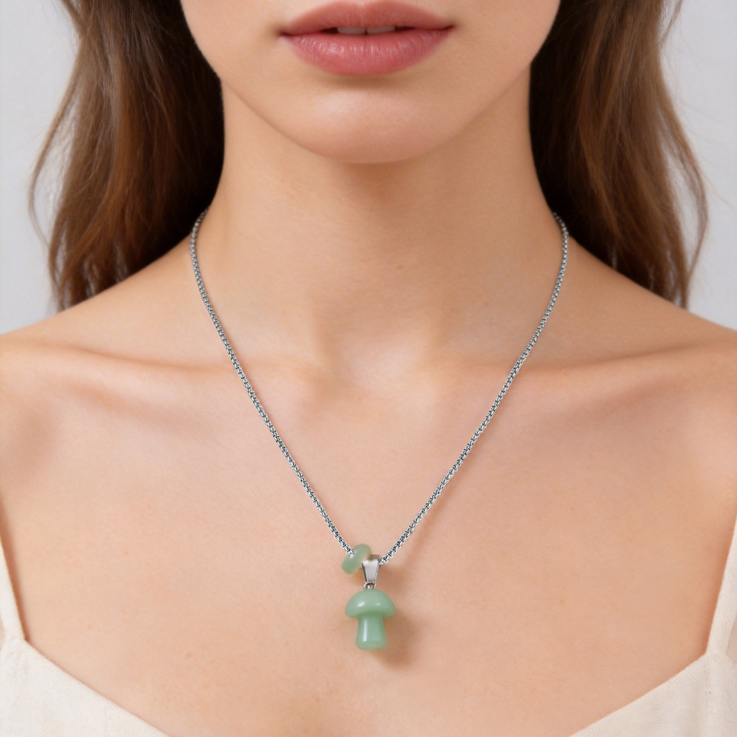 Kemstone Mushroom Pendant Necklace Natural Stone Stainless Steel for Men Women Aventurine Tiger Eye Obsidian NC2875