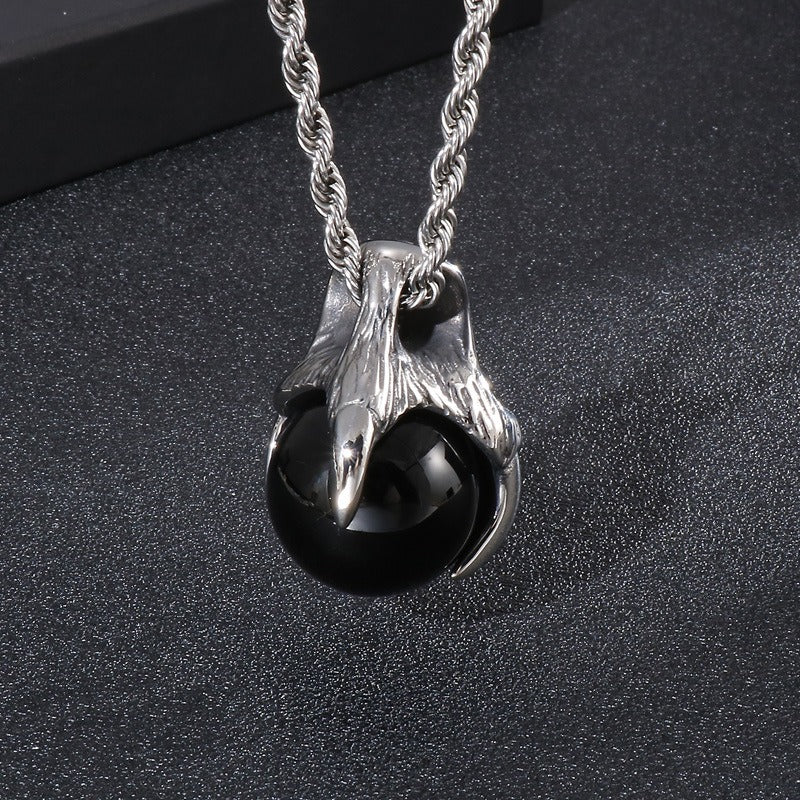 Kemstone Men’s Titanium Steel Claw Pendant – Black Glass Orb KP43972