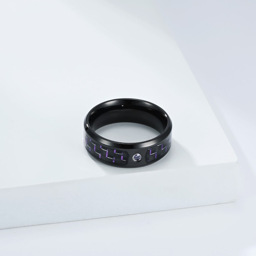 Kemstone Men’s Stainless Steel Cubic Zirconia Carbon-Fiber Ring – Black 8mm Modern K-R1098