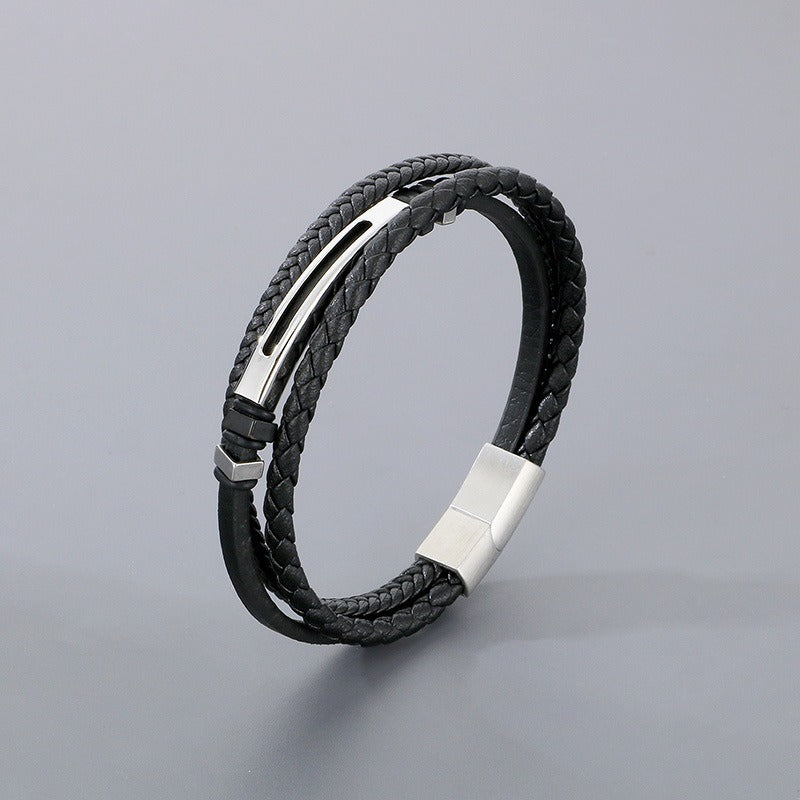 Kemstone Layered Braided Black Leather Bracelet for Men Titanium Steel Accent KB180741-JR