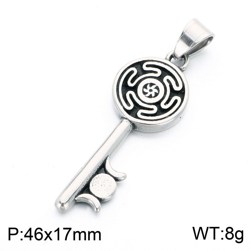 Kemston Stainless Steel Snake Wrap Rune Key Pendant Necklace for Men Gothic Labyrinth Symbol Key Charm KP118633-LU