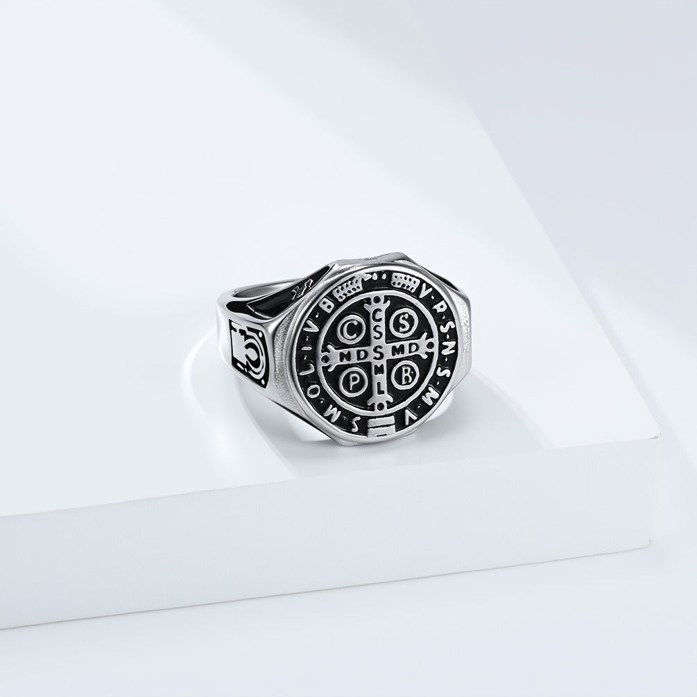 Kemstone Men’s Stainless Steel St. Benedict Cross Ring – Vintage Protection Jewelry K-R1092