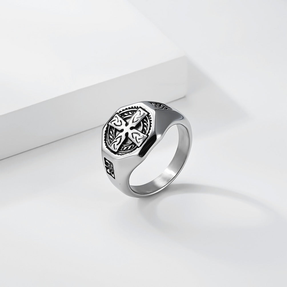 Kemstone Stainless Steel Celtic Cross Ring for Men Vintage Knot Signet Nordic Style Silver Gold Black K-R1142