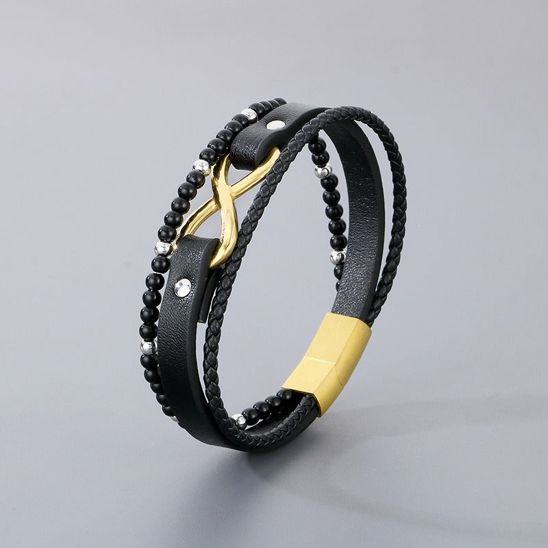 Kemstone Layered Leather Beaded Infinity Bracelet for Men Stainless Steel Clasp Wristband KB180750-JR