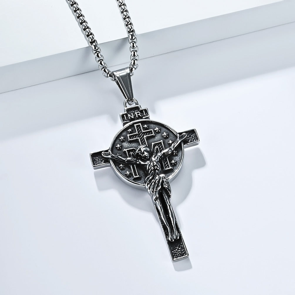 Kemstone Men’s Titanium Steel Cross Necklace – Vintage Relief Pendant K-PT641