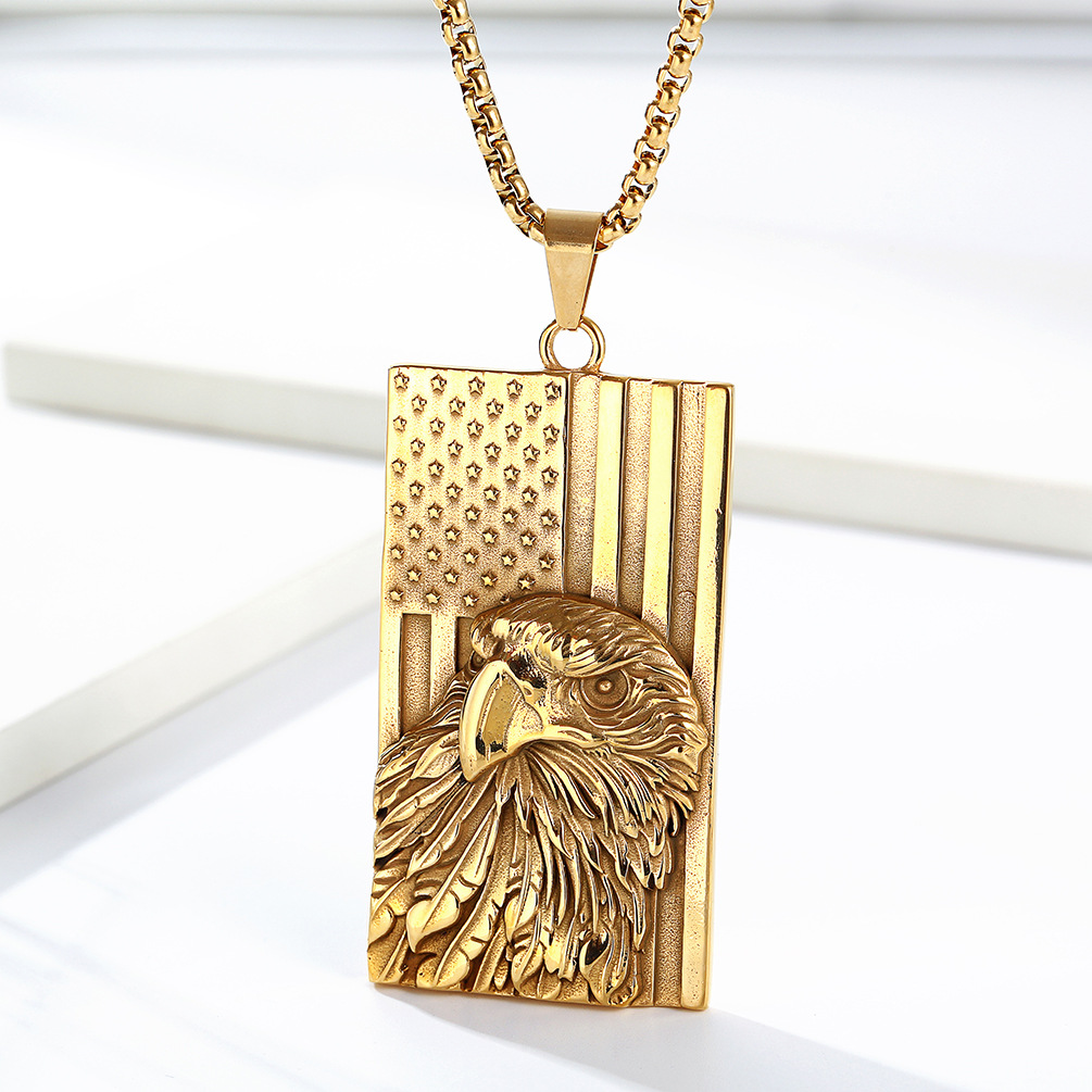 Kemstone Titanium Steel Eagle Flag Pendant Necklace for Men – Sculpted Relief Design K-PT486