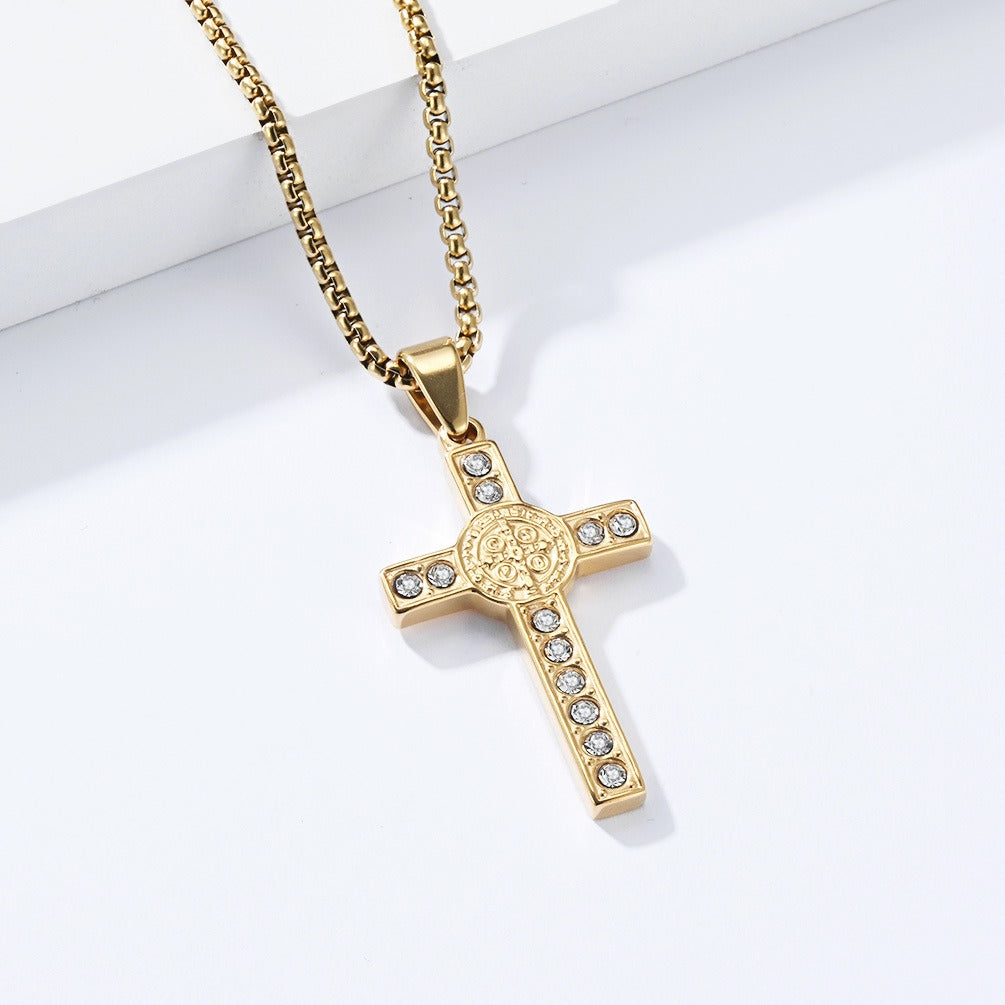 Kemstone Stainless Steel Cross Medallion Pendant Necklace for Men Silver Gold Black K-PT724
