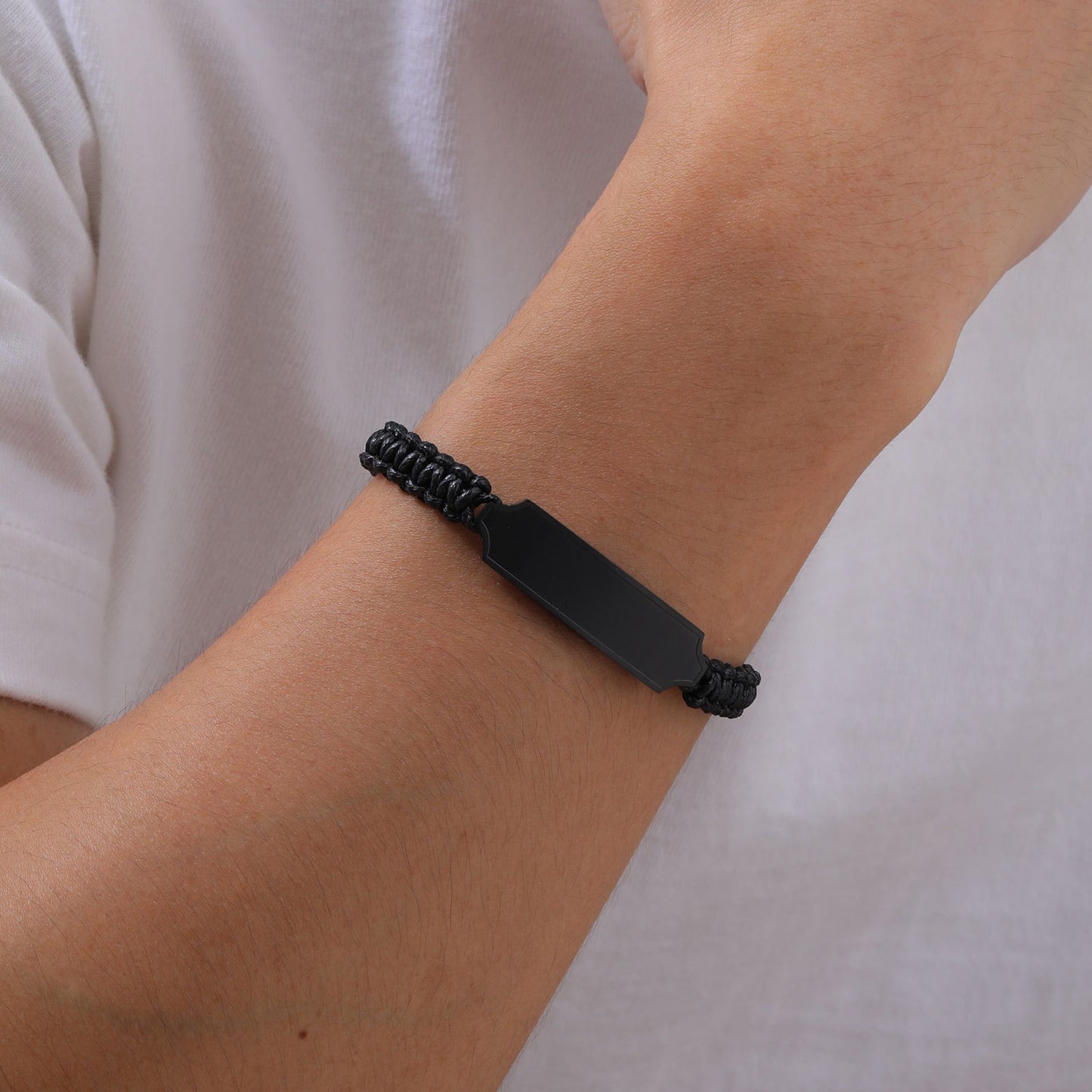 Kemstone Black Braided Stainless Steel Bracelet – Men’s Adjustable ID Plate Minimalist Band BR-2057