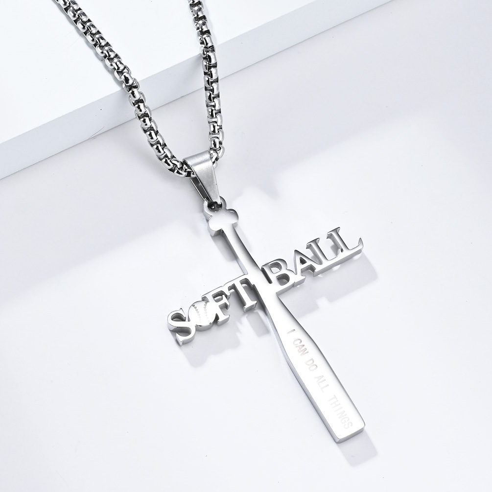Kemstone Softball Cross Pendant Necklace for Men Stainless Steel Baseball Letter Detail K-PT512