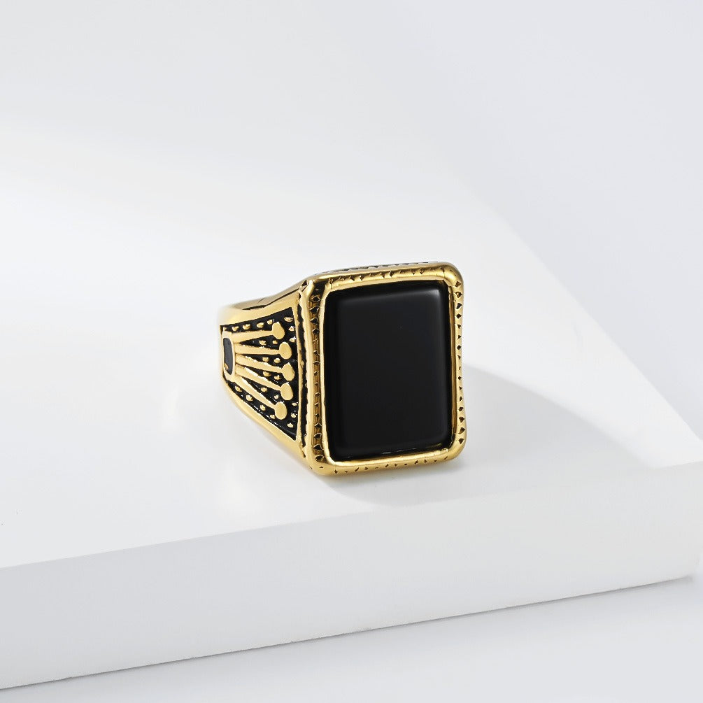 Kemstone Square Black Stone Signet Ring for Men Stainless Steel Vintage Crown Detail K-R1213