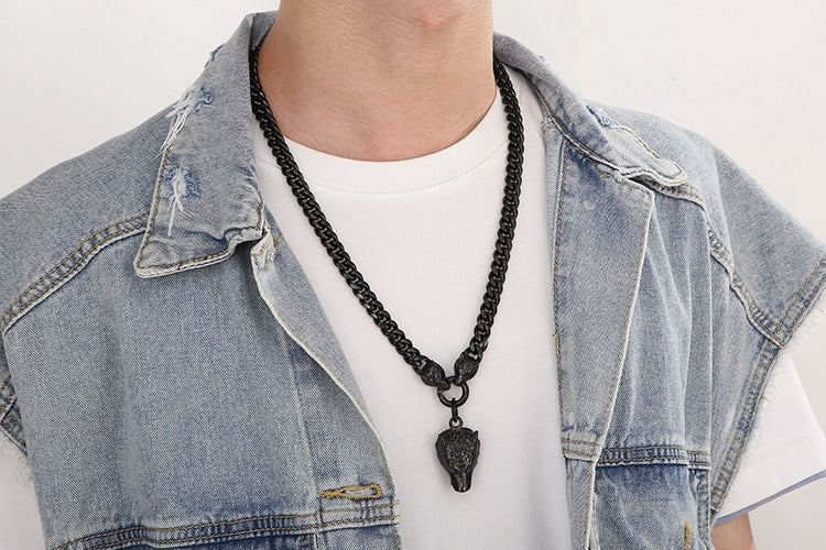 Set di catene in acciaio da uomo Kemstone - Bracciale e collana con testa di lupo per stile punk KB133023 