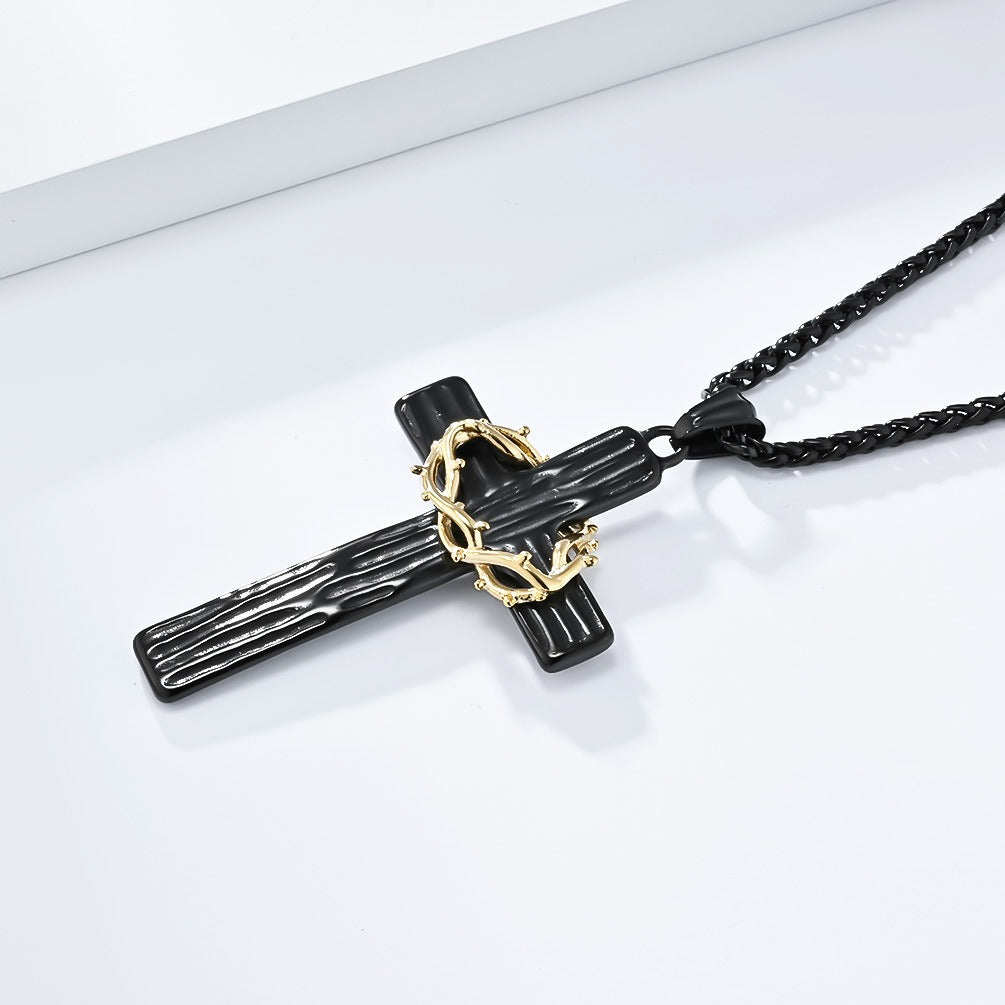 Kemstone Men’s Titanium Steel Cross Necklace – Vintage Wreath Pendant K-PT530
