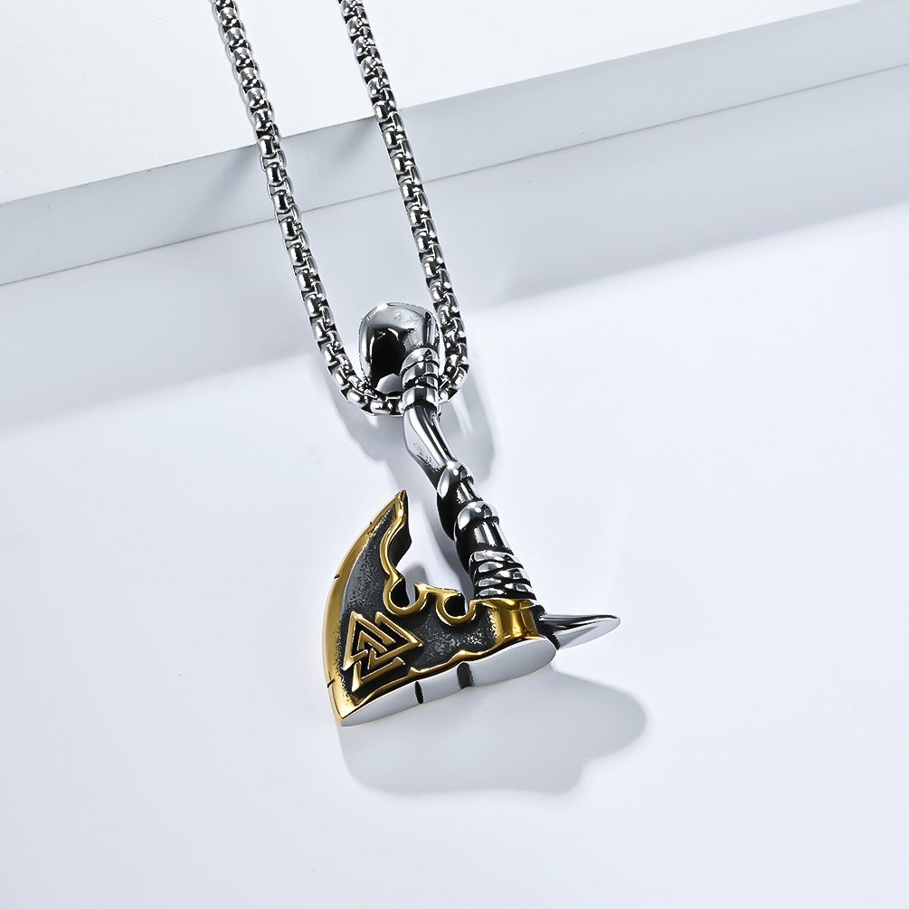 Kemstone Viking Triangle Knot Stainless Steel Axe Pendant Necklace for Men – Silver & Gold PT639