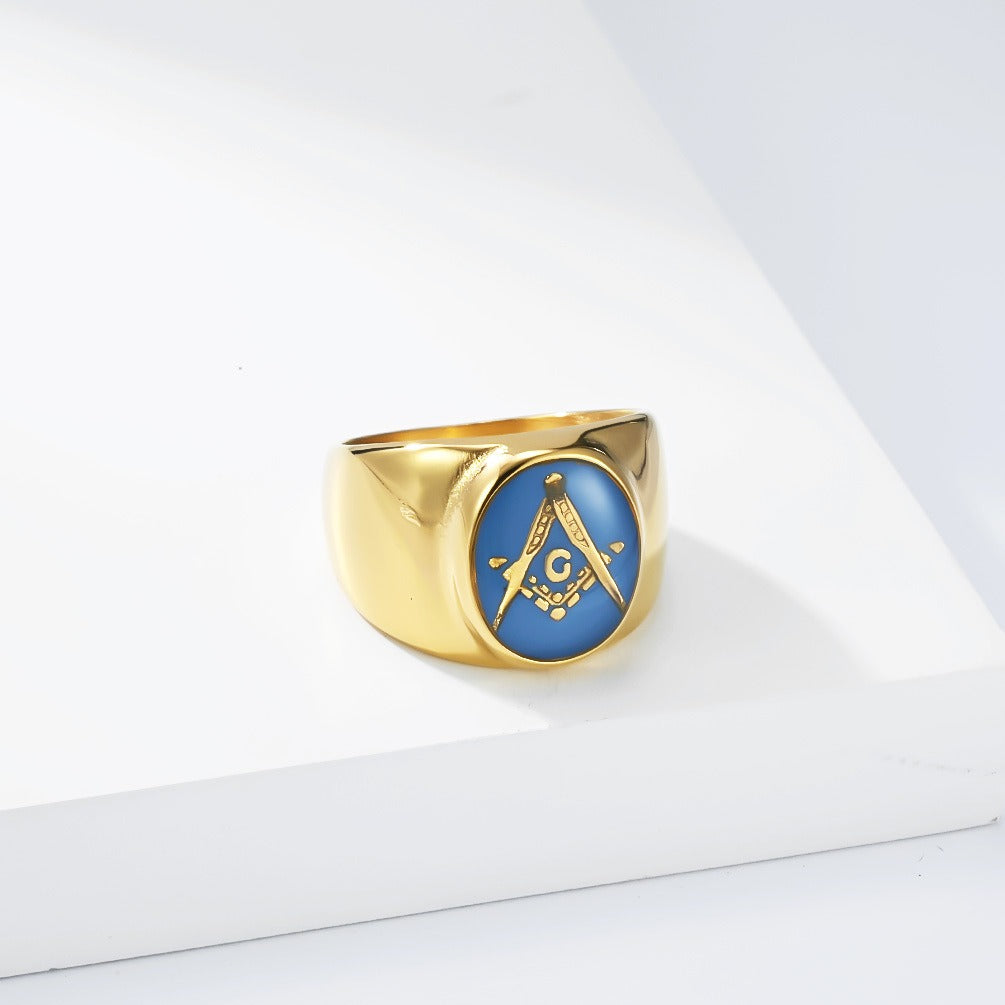 Kemstone Stainless Steel Freemason Blue Emblem Signet Ring for Men Vintage Symbol K-R1182