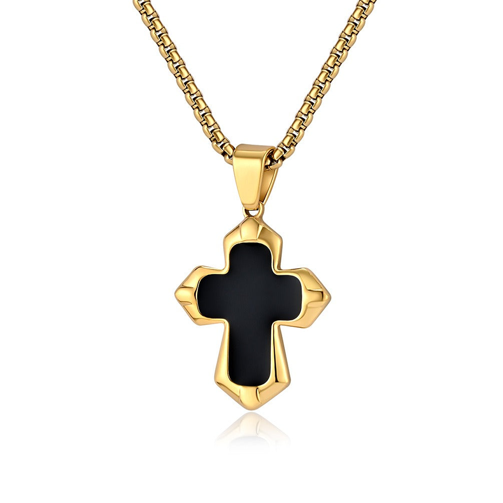 Kemstone Black Enamel Cross Necklace for Men Stainless Steel Faceted Edge K-PT560