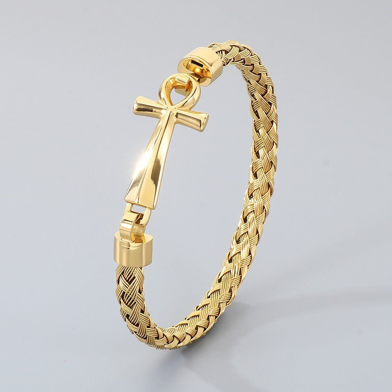 Kemstone Titanium Steel Braided Cuff Bracelet for Men Ankh Cross Clasp Gold Silver KB212793-KFC