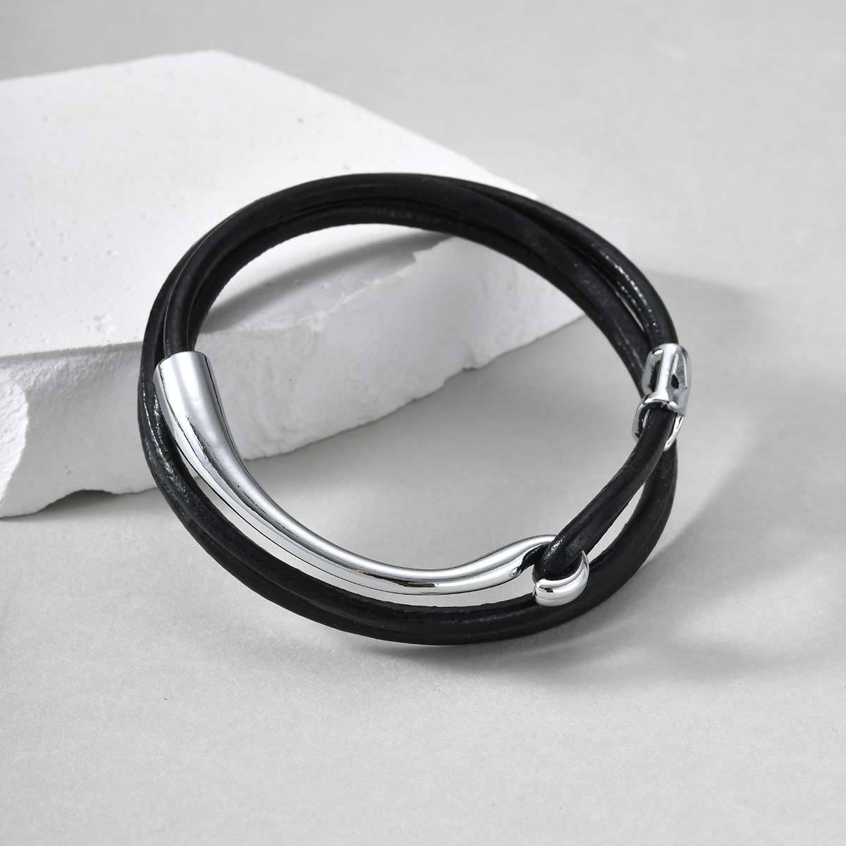 Kemstone Multi-Layer Black Leather Cord Alloy Bracelet for Men & Women BL-824