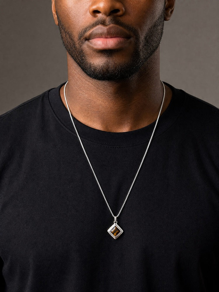 Kemston Tiger Eye Square Pendant Necklace for Men Stainless Steel Geometric Stone Design PN-2436