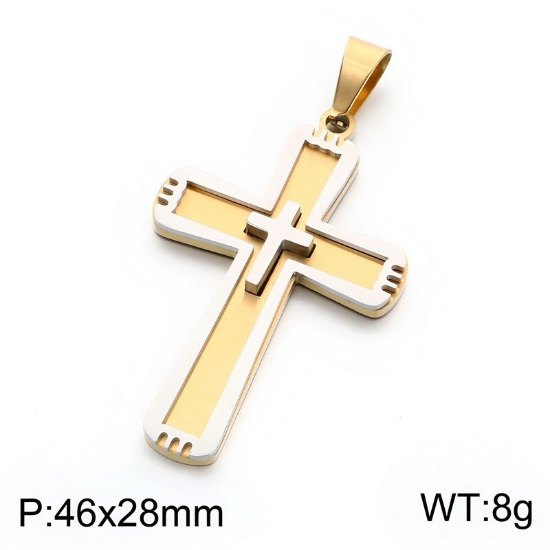 Kemston Double Layer Cross Pendant Necklace for Men Stainless Steel Inset Cross Design KP119384-KL