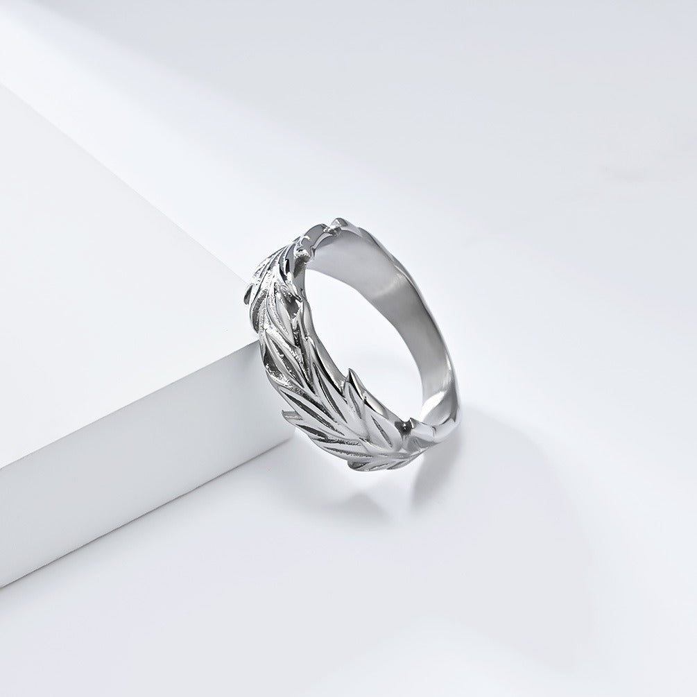 Kemstone Vintage Wheat Leaf Stainless Steel Band Ring for Men – Textured 8mm K-R905