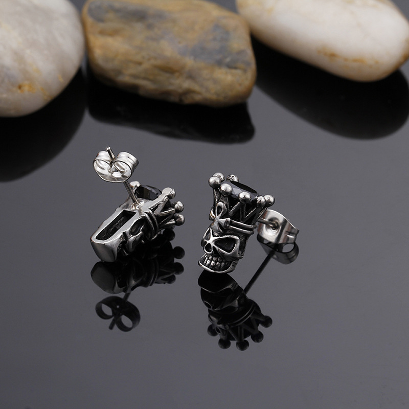 Kemstone Crowned Skull Cubic Zirconia Stud Earrings for Men – Titanium Steel Vintage Silver KE71702