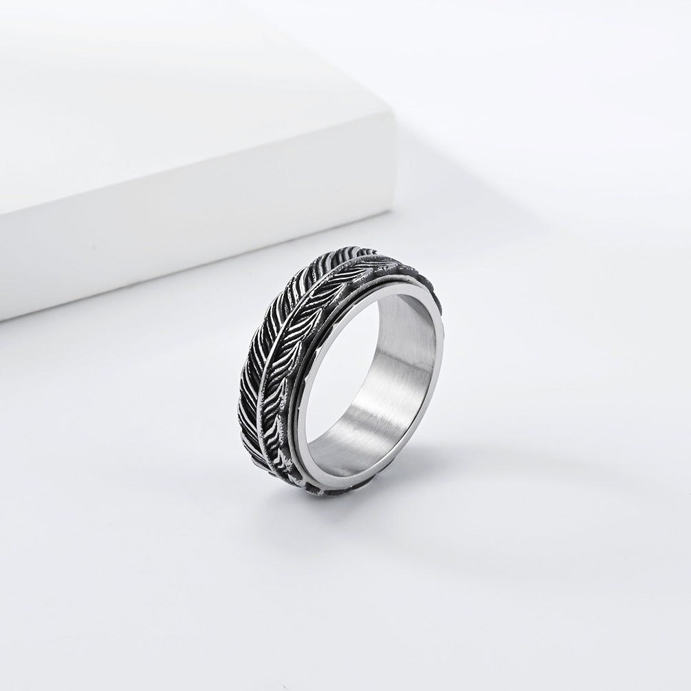 Kemston Feather Spinner Ring for Men Stainless Steel Rotating Vintage Band K-R1196