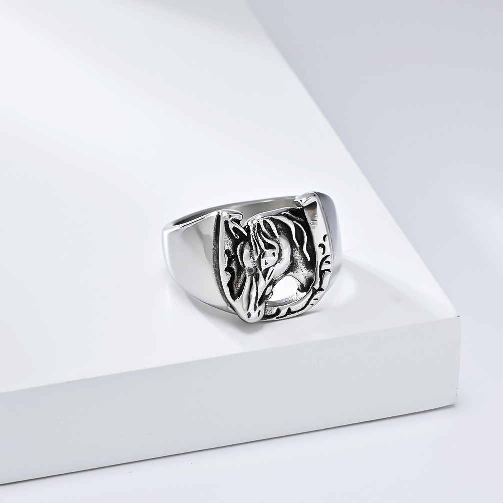 Kemstone Stainless Steel Horse Head Ring – Vintage Horseshoe Signet for Men K-R987