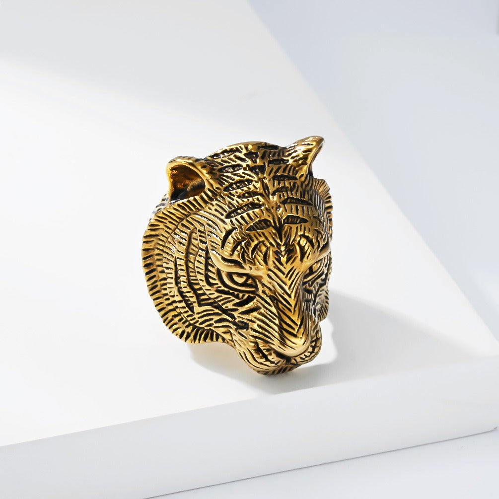 Kemstone Stainless Steel Tiger Head Ring – Vintage Chunky Style for Men K-R1149