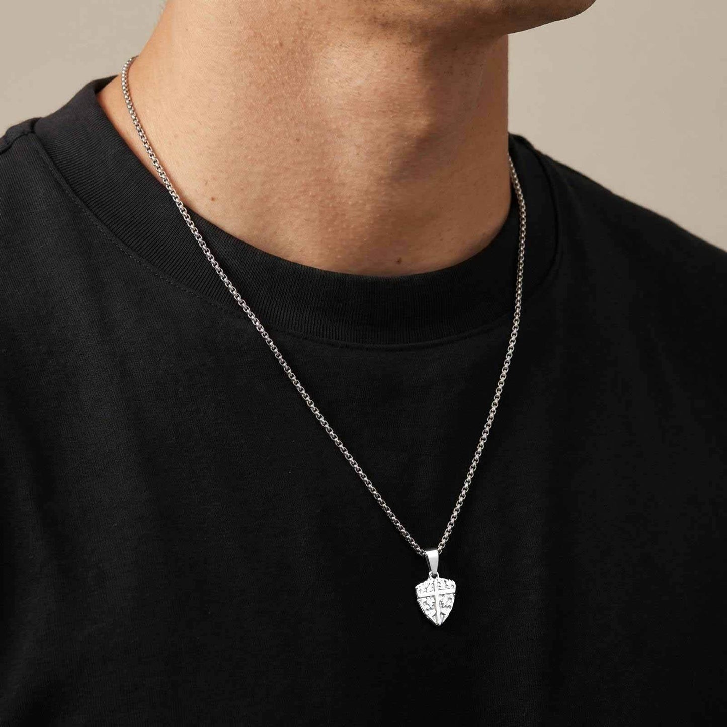 Kemston Stainless Steel Shield Cross Pendant Necklace for Men Carved Design PN-2425